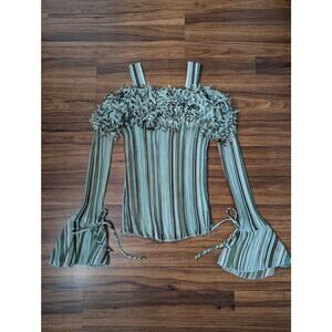 Kaelyn Max Striped Off Shoulder Fringe Top Bell Sleeve- Medium- Boho Y2K Vintage